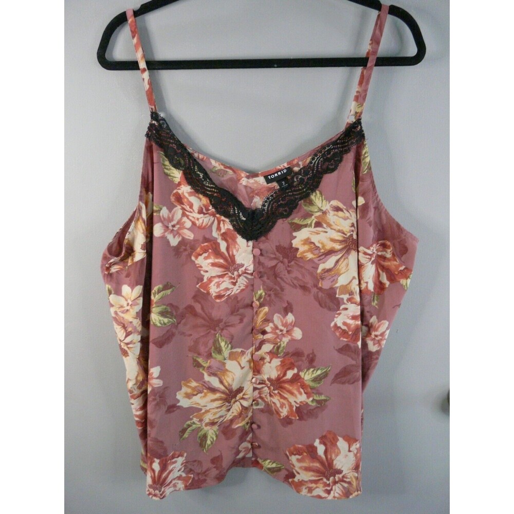 Torrid Womens 2 Spaghetti Strap V Neck Floral Print Black Lace Blouse